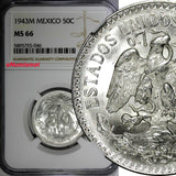 MEXICO ESTADOS UNIDOS MEXICANOS Silver 1943 M 50 Centavos NGC MS66 KM# 447 (046)
