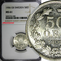 Sweden Oscar II Silver 1906 EB 50 Öre NGC MS61 Mintage-319,452 KM# 771 (048)