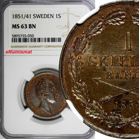 Sweden Oscar I 1851/41 1 Skilling NGC MS63 BN SCARCE OVERDATE KM# 671 (050)