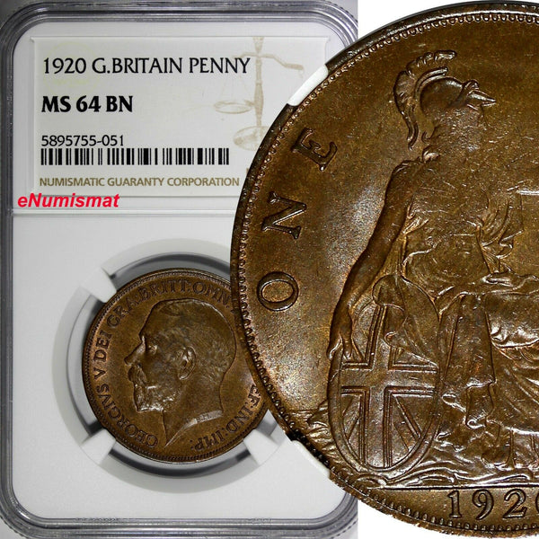 GREAT BRITAIN George V Bronze 1920 1 Penny NGC MS64 BN NICE TONED KM# 810 (051)
