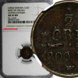 SWEDEN Oscar I Copper Pattern(1854) 1/2 Ore NGC AU55 RARE Ex.Lund Coll KM# Pn73