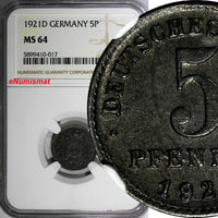 Germany Empire Wilhelm II Iron 1921 D 5 Pfennig NGC MS64 TOP GRADED  KM#19 (017)