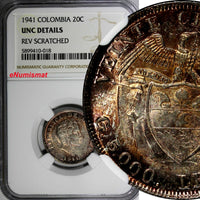 Colombia Simon Bolivar Silver 1941 20 Centavos NGC UNC DETAILS TONED KM# 197(18)