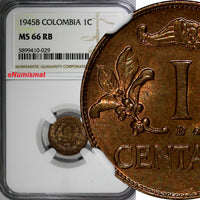 Colombia Bronze 1945 B 1 Centavo NGC MS66 RB TOP GRADED BY NGC KM# 205 (029)