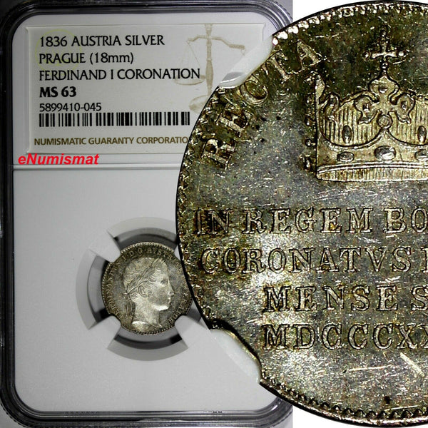 AUSTRIA Ferdinand V AR 1836 Coronation King Bohemia Prague NGC MS63 TOP GRADED