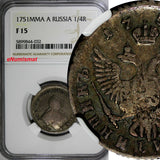 RUSSIA Elizabeth Silver 1751 MMD A Polupoltinnik NGC F15 RARE C#17a (032)