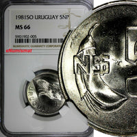 Uruguay 1981 SO 5 Nuevos Pesos NGC MS66 TOP GRADED BY NGC KM# 75 (005)