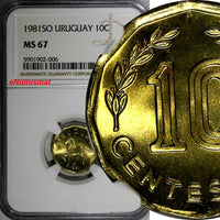 Uruguay 1981 SO 10 Centesimos Last Year NGC MS67 TOP GRADED KM# 66 (006)