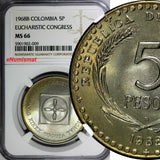 Colombia 1968 B 5 Pesos Eucharistic Congress NGC MS66 TOP GRADED KM# 230 (009)