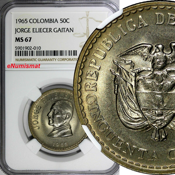 Colombia Jorge Eliecer Gaitan 1965 50 Centavos NGC MS67 TOP GRADED KM# 225 (010)