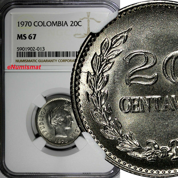 Colombia 1970 20 Centavos 1 YEAR TYPE NGC MS67 TOP GRADED BY NGC KM# 237 (013)