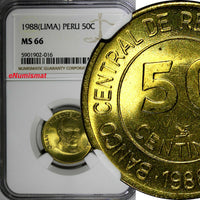 Peru Brass 1988 (LIMA) 50 Centimos NGC MS66 1 GRADED HIGHEST KM# 295 (016)