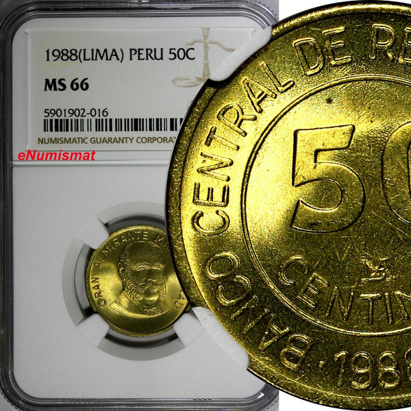 Peru Brass 1988 (LIMA) 50 Centimos NGC MS66 1 GRADED HIGHEST KM# 295 (016)