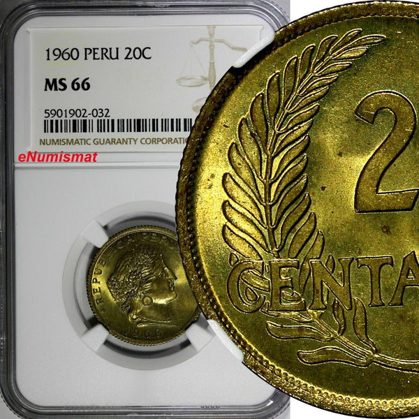 Peru Brass 1960 20 Centavos Thin planchet NGC MS66 TOP GRADED KM# 221.2b (032)