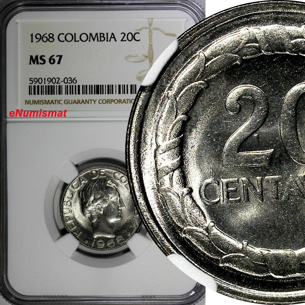 Colombia 1968 20 Centavos NGC MS67 TOP GRADED BY NGC KM# 227 (036)