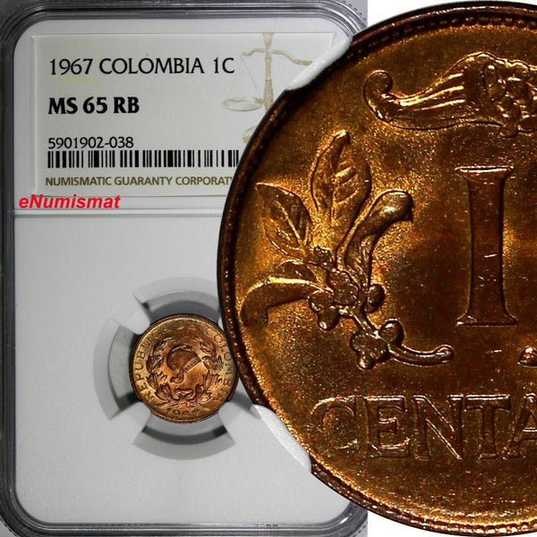 Colombia 1967 1 Centavo NGC MS65 RB NICE RED TOP GRADED BY NGC KM# 205a (038)