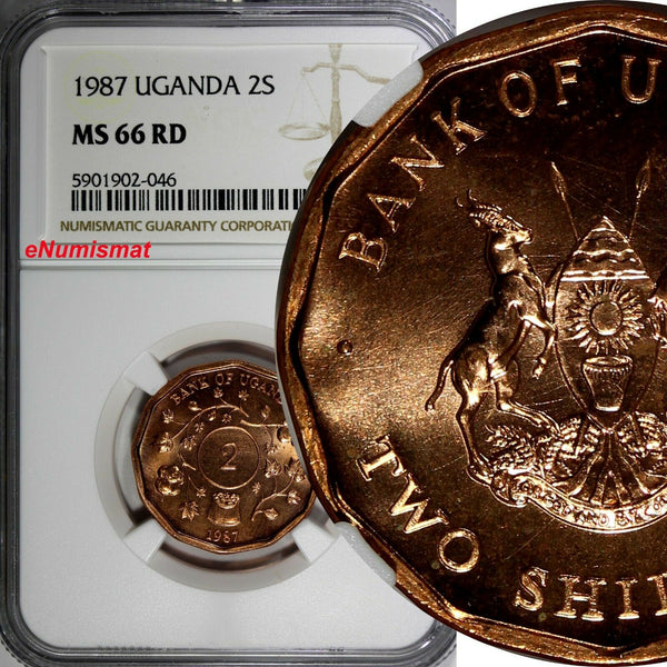 Uganda 1987 2 Shillings NGC MS66 RD FULL RED TOP GRADED BY NGC KM# 28 (046)