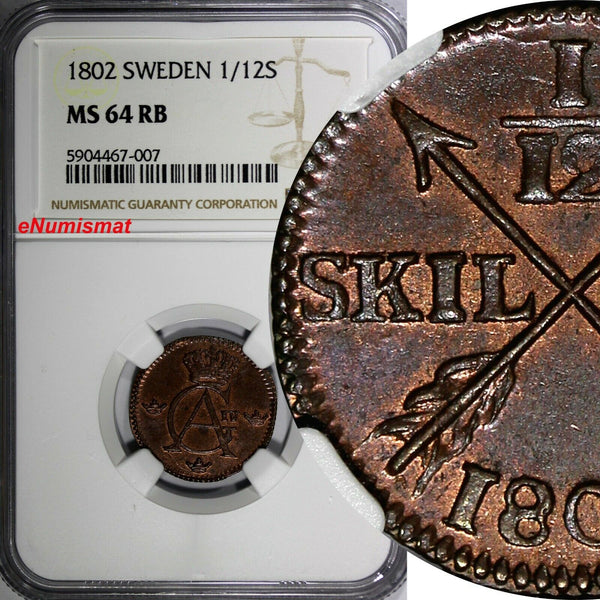 SWEDEN Gustaf IV Adolf 1802 1/12 Skilling NGC MS64 RB Nice Toning KM# 563 (007)