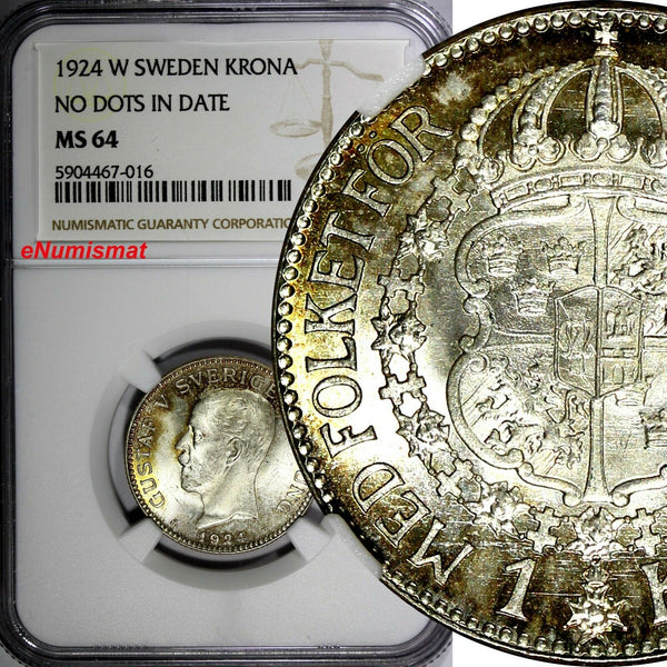 Sweden Gustaf V Silver 1924 W 1 Krona No Dots in Date NGC MS64 KM# 786.2 (016)