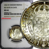 Sweden Gustaf V Silver 1924 W 1 Krona No Dots in Date NGC MS645 KM# 786.2 (016)