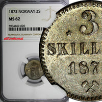 Norway Oscar II Silver 1873 3 Skilling NGC MS62 SCARCE 2 YEAR STRUCK KM#338.2(0)