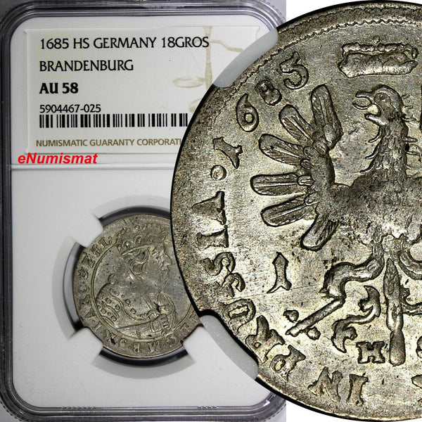Germany BRANDENBURG Friedrich Wilhelm Silver 1685 HS 18 Groscher NGC AU58 KM#468