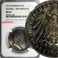 Germany BAVARIA-90TH BIRTHDAY Silver 1911 D 3 Mark NGC MS62 PROOF LIKE KM998 (8)