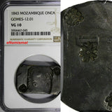 Mozambique Maria II Silver 1843 Onca NGC VG10 C/S over "M" Gomes-12.01 KM# 26.2