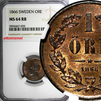 Sweden Carl XV Adolf 1866 1 Ore NGC MS64 RB Mint-327,000 TOP GRADED KM# 705 (55)