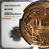 Sweden Carl XV Adolf 1866 1 Ore NGC MS64 RB Mint-327,000 TOP GRADED KM# 705 (55)