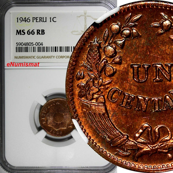 Peru Bronze 1946 1 Centavo NGC MS66 RB RED TOP GRADED BY NGC KM# 211a (004)