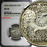 Lebanon Silver 1929 25 Piastres Mintage-600,000 NGC AU50 KM# 7 (010)