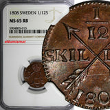 SWEDEN Gustaf IV Copper 1808 1/12 Skilling NGC MS65 RB TOP GRADED KM# 563 (015)