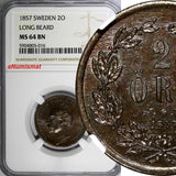 Sweden Oscar I 1857 2 Ore Long Beard NGC MS64 BN TOP GRADED BY NGC KM# 688(016)