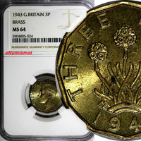 Great Britain George VI 1943 3 Pence WWII Issue NGC MS64 KM# 849 (024)