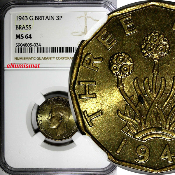 Great Britain George VI 1943 3 Pence WWII Issue NGC MS64 KM# 849 (024)