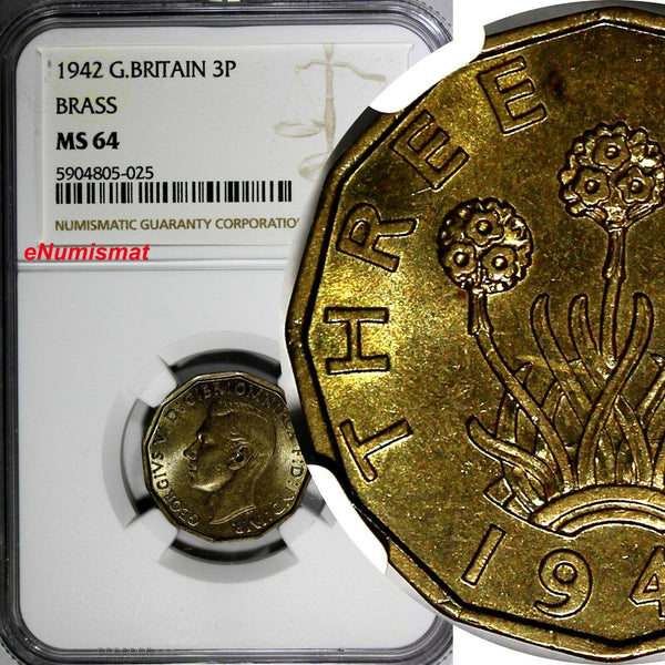 Great Britain George VI 1942 3 Pence WWII Issue NGC MS64 KM# 849 (025)
