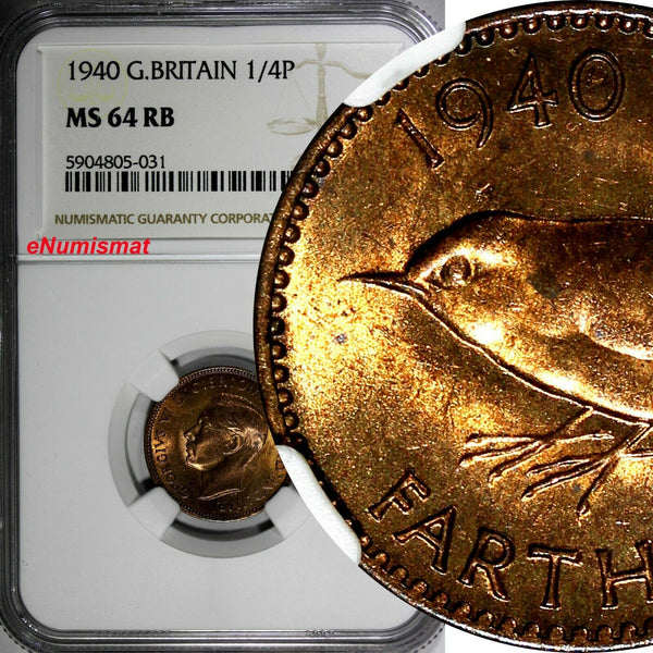 Great Britain George VI Bronze 1940 Farthing NGC MS64 RB RED TONING KM# 843(31)