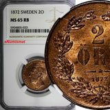 Sweden Carl XV Adolf Bronze 1872 2 Ore NGC MS65 RB TOP GRADED KM# 706 (033)