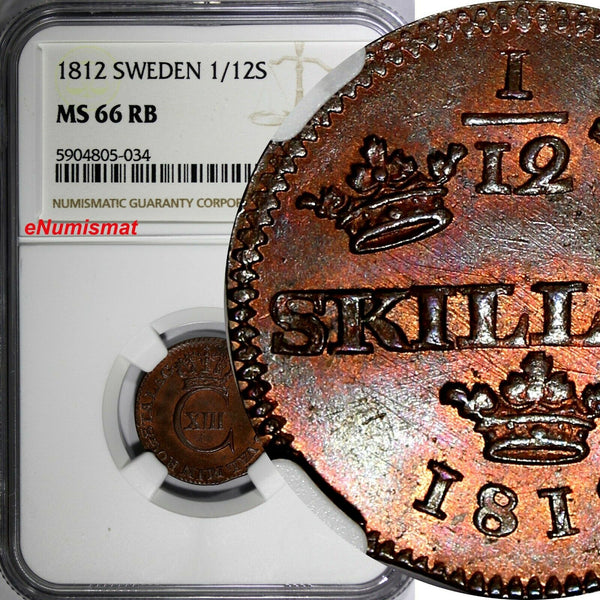 Sweden Carl XIII Copper 1812 1/12 Skilling NGC MS66 RB TOP GRADED !!! KM#584(4)