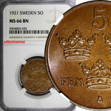 Sweden Bronze Gustaf V 1921 5 Ore NGC MS66 BN TOP GRADED BY NGC KM# 779.2 (035)