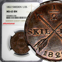 SWEDEN Carl XIV Johan 1822 1/2 Skilling Mint-944,000 NGC MS63 BN SCARCE KM# 596