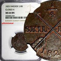 SWEDEN Carl XIV Copper 1825 1/4 SKILLING Closed "4" NGC MS64 BN  KM# 595 (39)