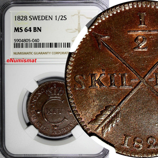 SWEDEN Carl XIV Johan 1828 1/2 Skilling NGC MS64 BN SCARCE TOP GRADED KM#596(0)