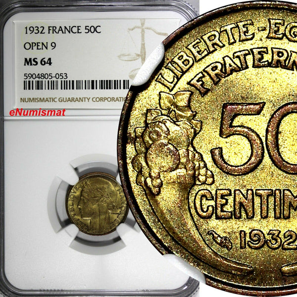 FRANCE Aluminum-Bronze 1932 50 Centimes OPEN "9" NGC MS64 KM# 894.1 (053)