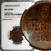 Finland Nicholas II Copper 1898 5 Penniä NGC MS64 BN BETTER DATE KM# 15 (060)
