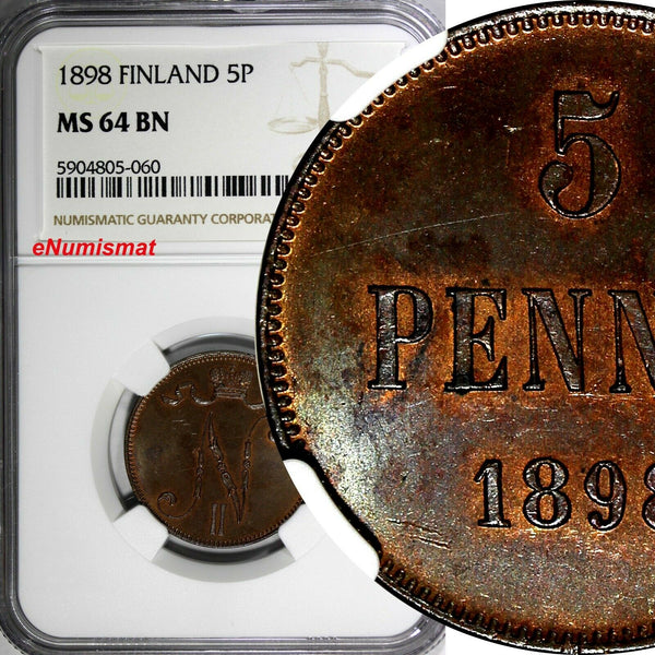 Finland Nicholas II Copper 1898 5 Penniä NGC MS64 BN BETTER DATE KM# 15 (060)