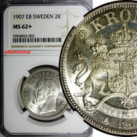 SWEDEN Oscar II Silver 1907 EB 2 Kronor NGC MS62+ Mint-300,573 RARE KM#773 (02)