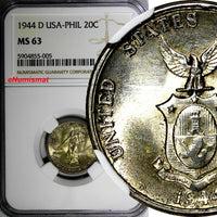 Philippines Silver 1944 D 20 Centavos NGC MS63 Nice Toning KM# 182 (005)