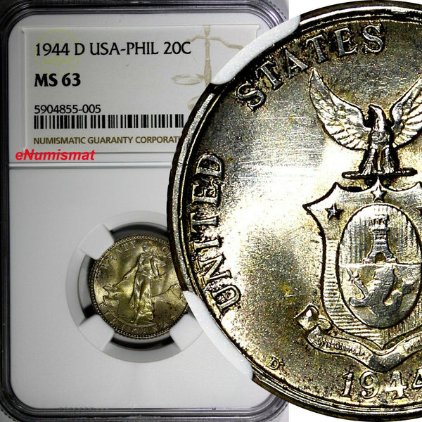 Philippines Silver 1944 D 20 Centavos NGC MS63 Nice Toning KM# 182 (005)